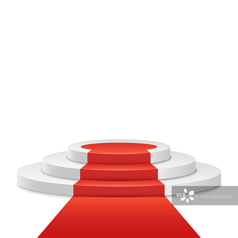 白色的讲台和红色的道路在白色的背景。获胜者是第一名。光基座。节日活动。矢量插图。图片素材