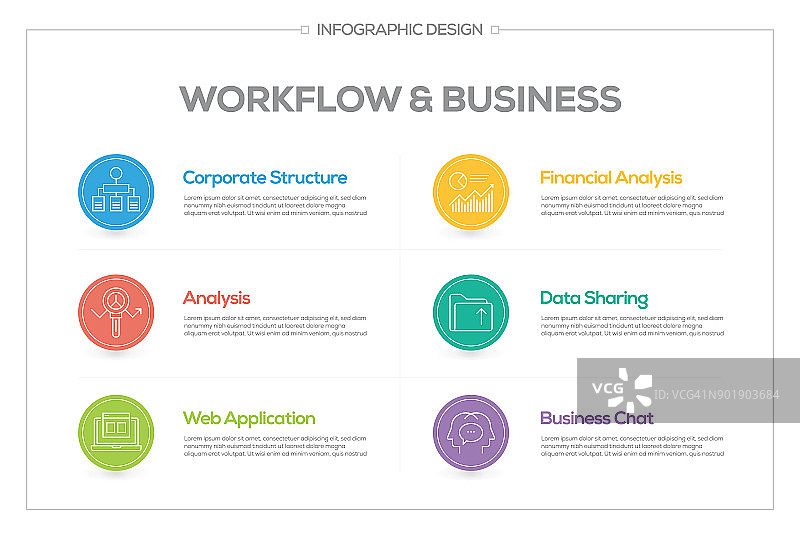 工作流和业务信息图6个选项，步骤或过程。图片素材