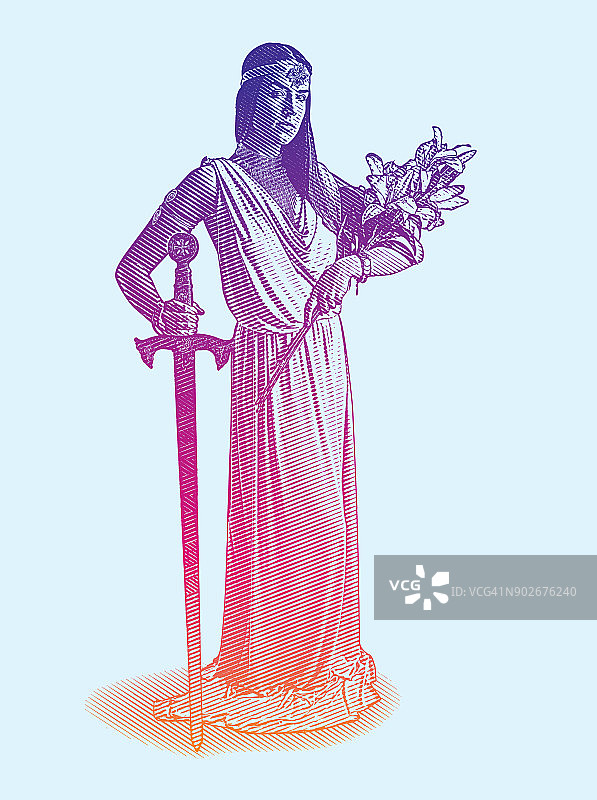 矢量雕刻一个美丽的女神拿着剑和百合的花束图片素材