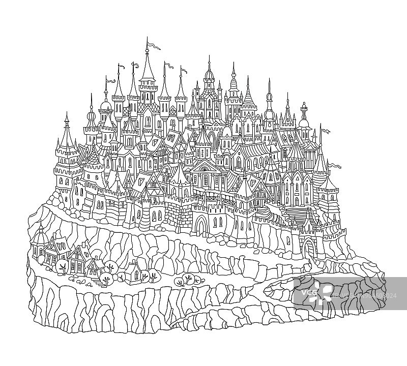 矢量卡通童话岩石岛景观城堡，房子和树。手绘黑白涂鸦素描。幻想印花t恤。成人和儿童涂色书页图片素材