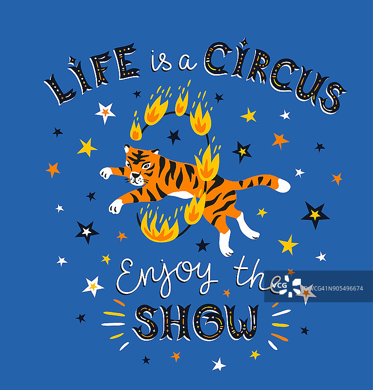 马戏团海报上的老虎跳在一个火环和文字-生活是一个马戏团，享受表演。明亮的手绘背景。图片素材