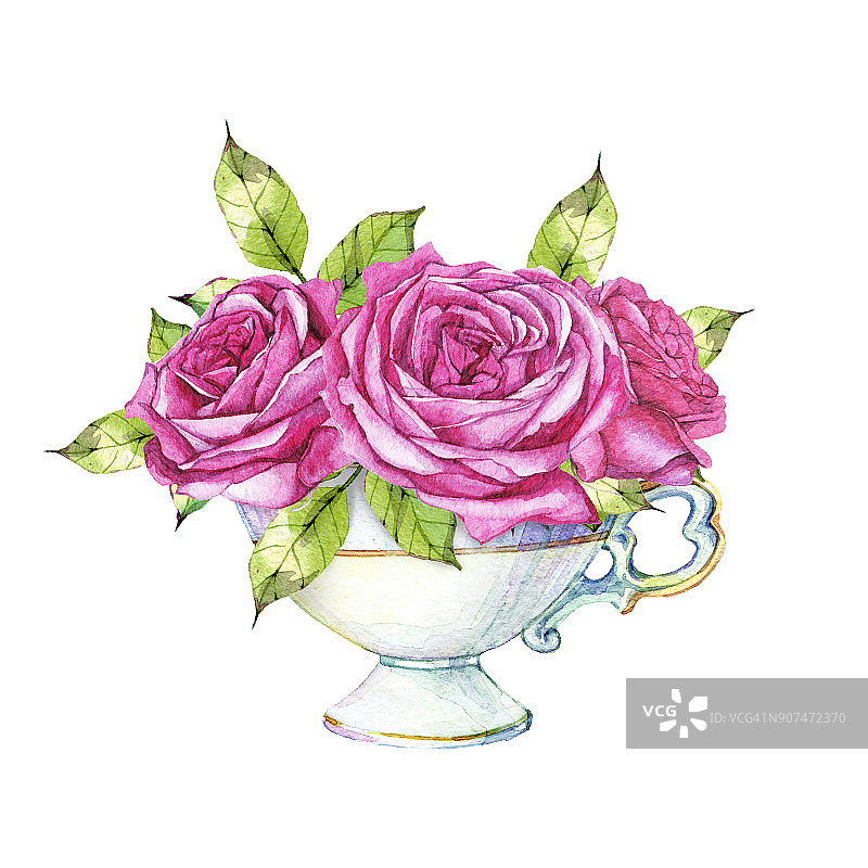 美丽的古董空咖啡杯与一束玫瑰孤立在白色的背景图片素材