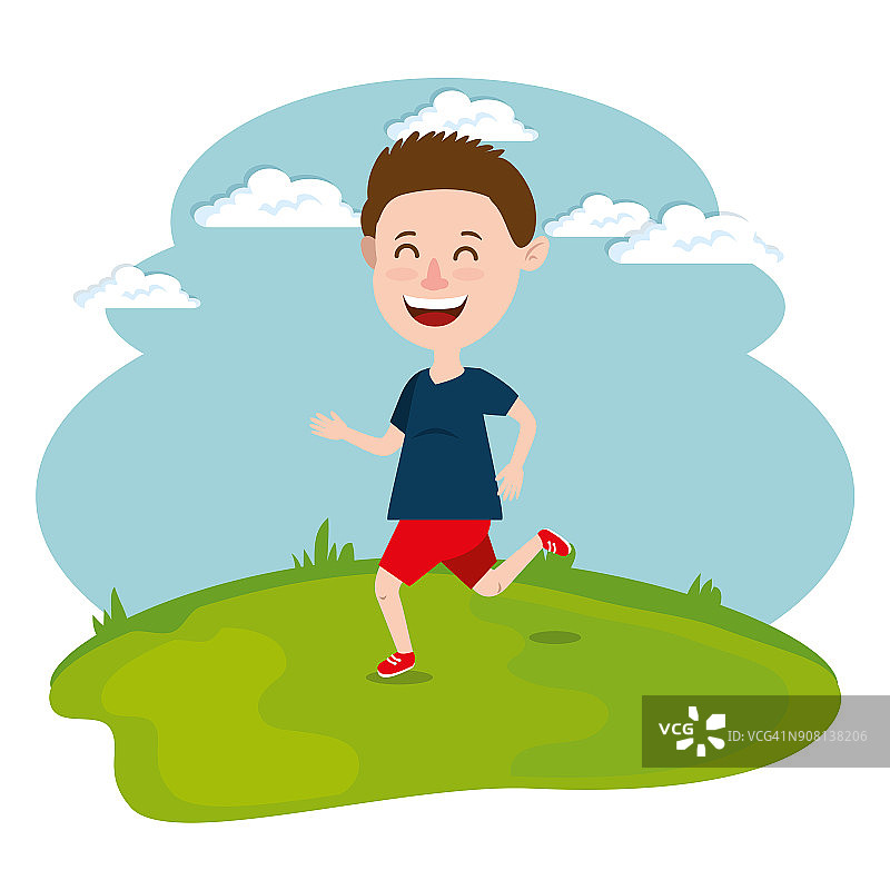 快乐的男孩在田野里奔跑图片素材