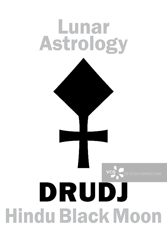 占星字母表:DRUDJ(黑月亮)，月亮轨道点在印度占星学。象形文字符号(单符号)。图片素材