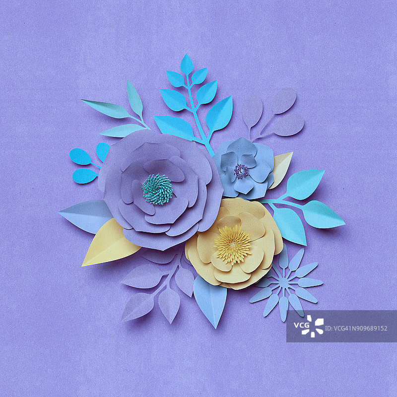3d渲染，数字插图，纸纹理玫瑰花，花卉墙装饰，植物背景，柔和的紫色和黄色，花束图片素材