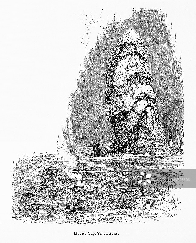 自由帽，温泉，黄石山谷，黄石国家公园，怀俄明州，蒙大拿州和爱达荷州，美国，美国维多利亚版画，1872年图片素材