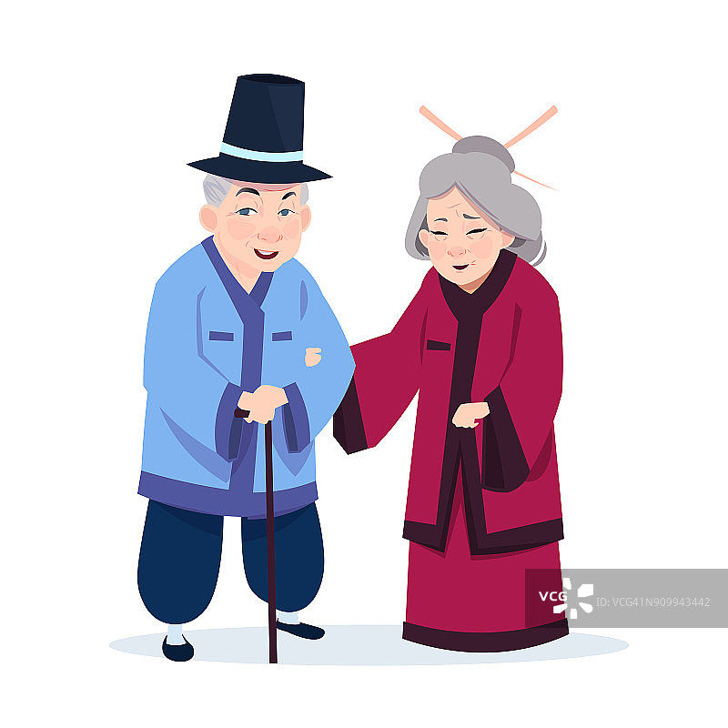 年长的亚洲夫妇穿着传统服饰白色背景上的老人和女人图片素材