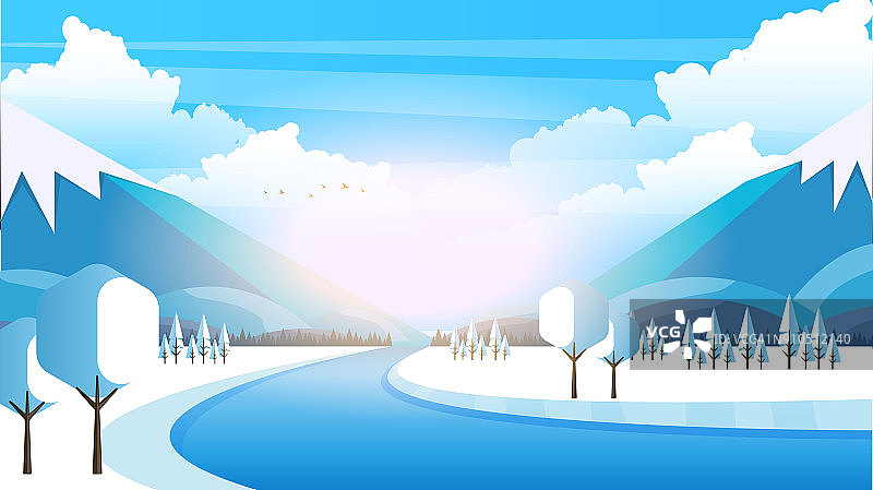 冬季乡村景观背景。矢量插图。图片素材