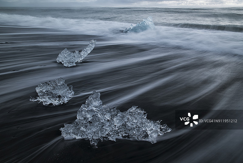 冰块形成冰礁湖称为Jokulsarlon沿冰岛南部海岸。这个海滩被称为钻石海滩，因为所有的冰在涨潮时沉积在这里图片素材