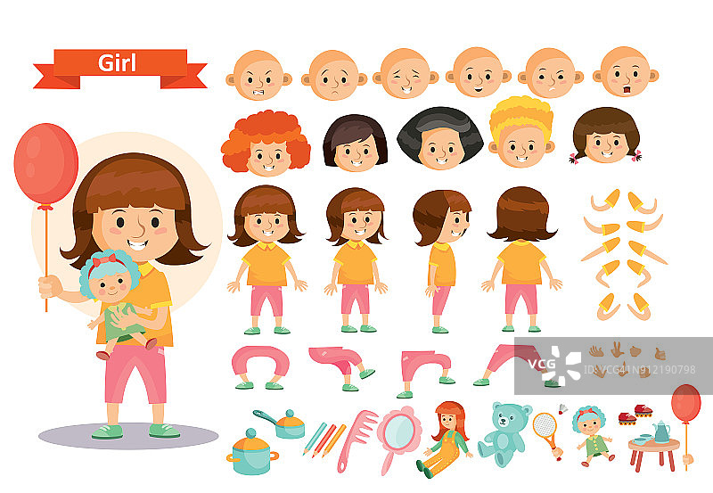 女孩孩子玩玩具向量卡通儿童角色构造孤立的身体部位创造图片素材