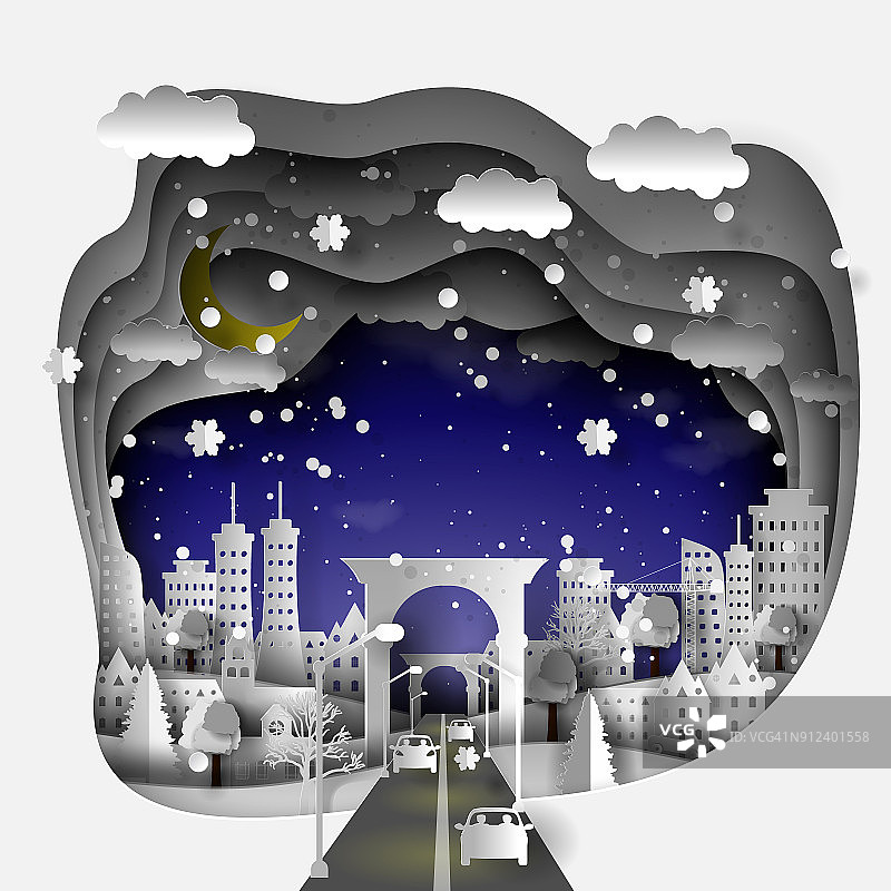 3D纸插图的冬季城市与房屋，街道，摩天大楼，雪花，夜空与星星和月亮，纸艺术和工艺风格图片素材