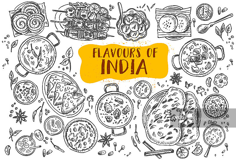 手绘印度食物，矢量插图图片素材