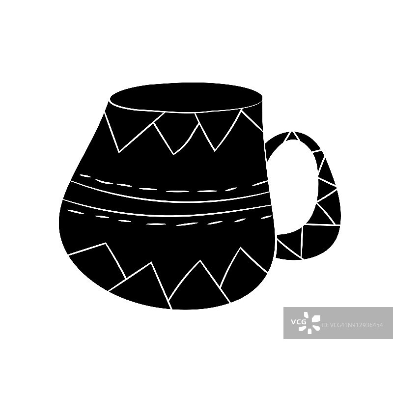 矢量杯套的茶，咖啡，牛奶画手在斯堪的纳维亚风格。孤立的单色对象图片素材