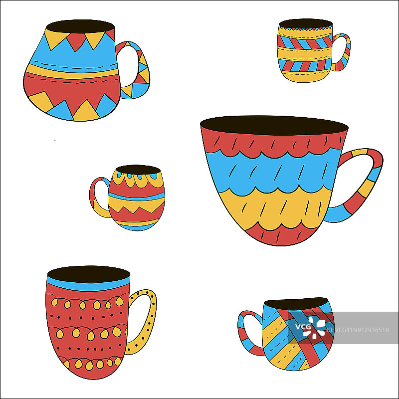 矢量杯套的茶，咖啡，牛奶画手在斯堪的纳维亚风格。孤立的对象图片素材
