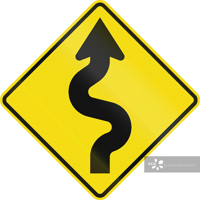 新西兰路标:前方有反弯(范围小于1公里)，先向右转图片素材