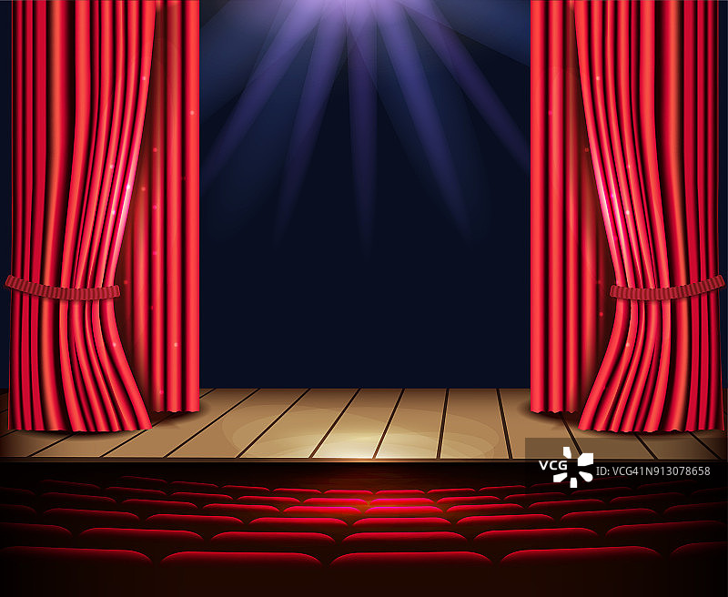 有红幕、聚光灯和座位的剧场舞台。图片素材