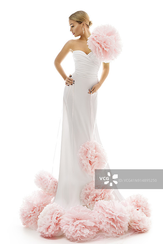 时尚模特长连衣裙与艺术花，优雅的女人美丽长袍，夫人在白色图片素材