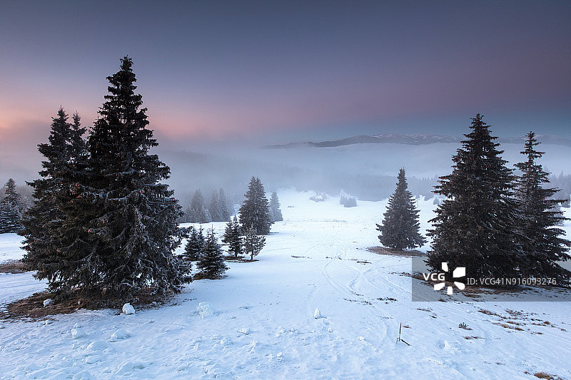 2018年2月，保加利亚罗多普山区的Pamporovo:山上寒冷冬日的早晨图片素材