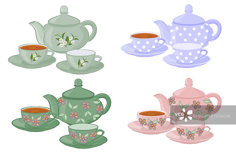 有不同图案的茶壶和杯子。图片素材