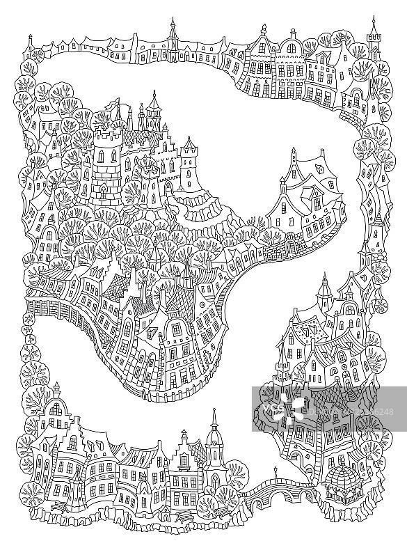 带有小型中世纪欧洲建筑的向量幻想城市景观。童话老城的街道，房子。手绘涂鸦草图。t恤黑白印刷，小册子封面，成人涂色书页图片素材