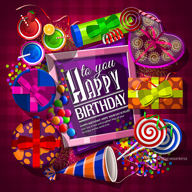 生日贺卡与礼盒，鸡尾酒，棒棒糖，巧克力盒，派对帽和五彩纸屑。向量。图片素材