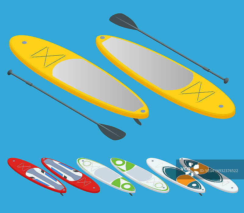 等距组站起来划桨冲浪和站起来划桨板孤立在白水运动概念。活跃的暑假与桨板图片素材