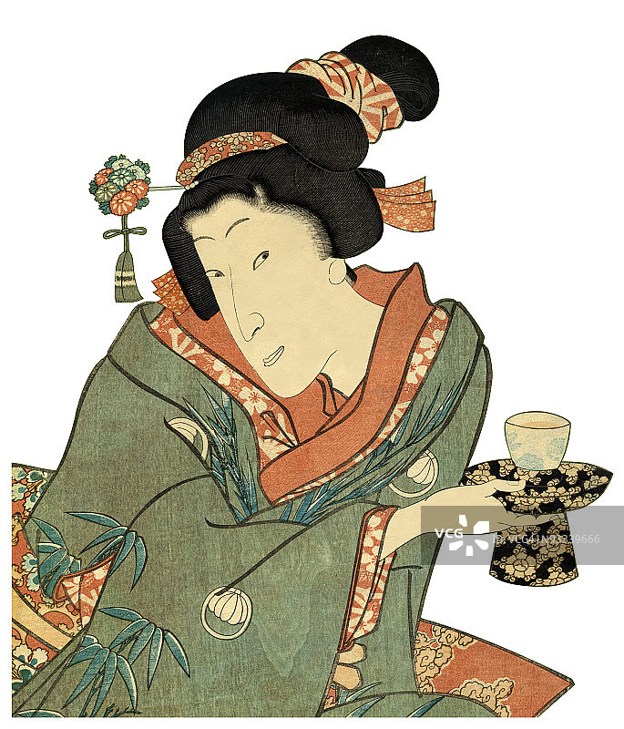 日本木刻版画女人和茶杯图片素材