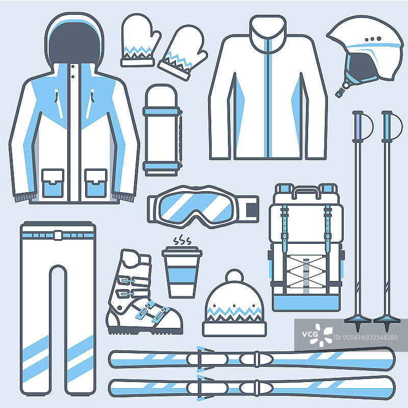 滑雪设备图标集。冬季运动矢量图片素材