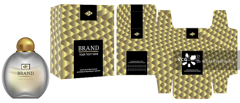 包装设计，化妆品容器上的标签与黑色和金色豪华盒模板和模型盒。说明向量。图片素材