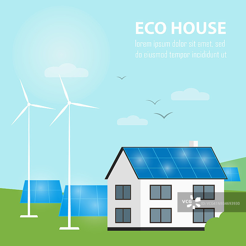 Eco房子旗帜。太阳能和风能发电图片素材