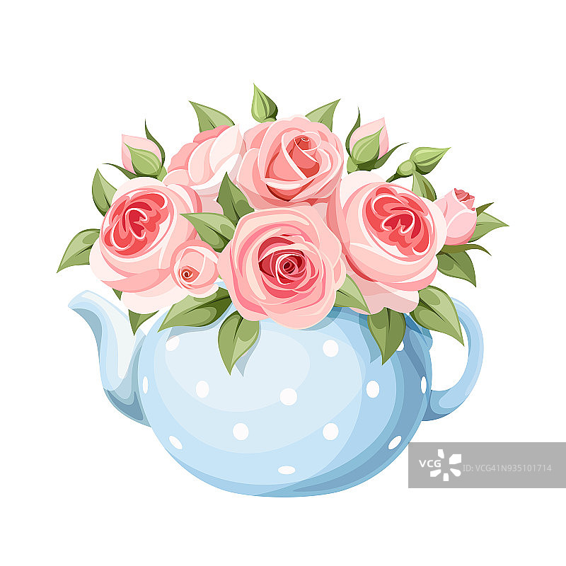 蓝色茶壶里有一束粉色玫瑰。矢量插图。图片素材