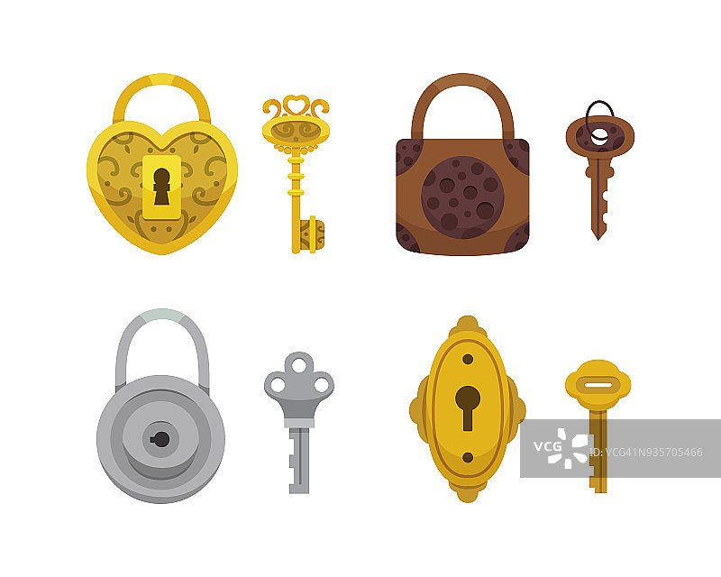 一套老式钥匙和锁。矢量插图卡通挂锁。秘密，神秘或安全的图标。图片素材