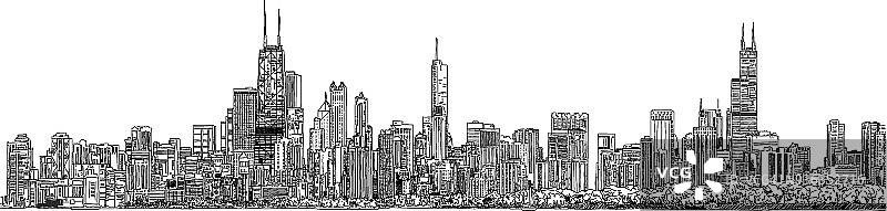 矢量插图。芝加哥天际线全景图。黑色和白色墨水看。图片素材