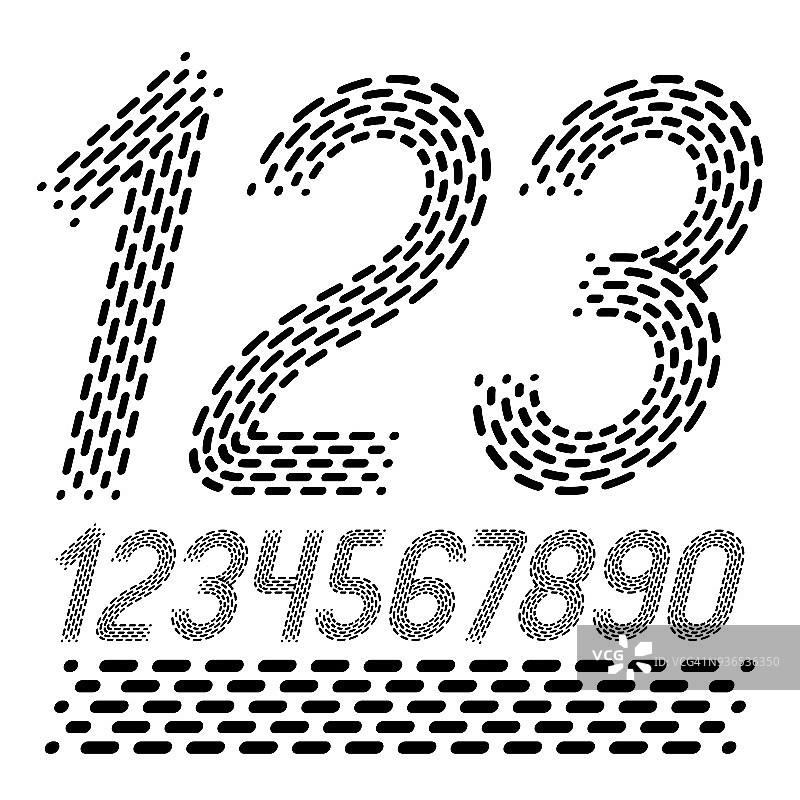 向量数，现代数字集。从0到9的圆角、粗体、斜体复古数字可以用于海报创作。由平行虚线构成。图片素材
