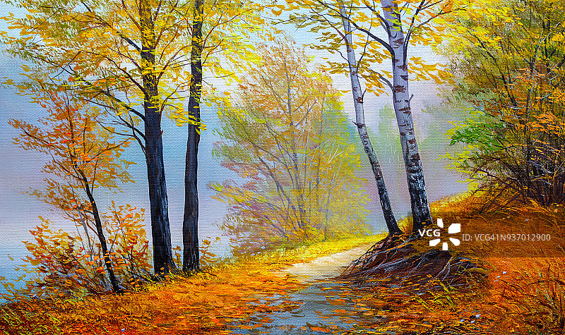 秋天的山水、油画、油画图片素材