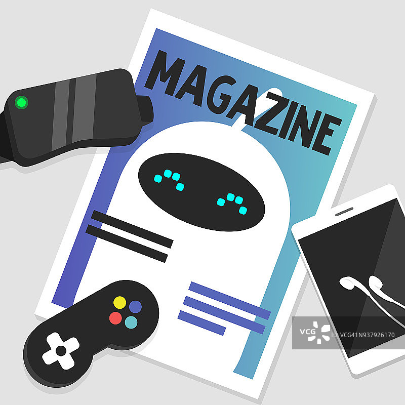 数字仍然生活。电子产品和封面上有可爱的白色机器人的杂志。平面可编辑矢量插图，剪辑艺术图片素材