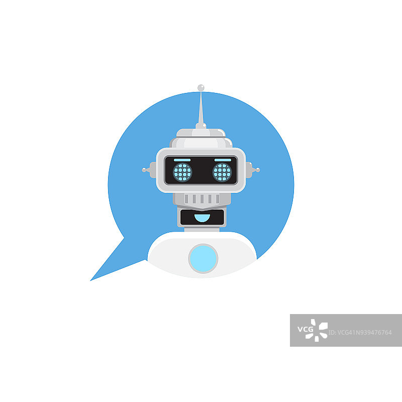 聊天机器人在语音气泡。支持服务机器人图标。矢量插图在平面风格。图片素材