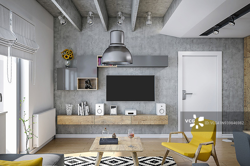工业设计客厅渲染，用现代家具和黄色的细节图片素材
