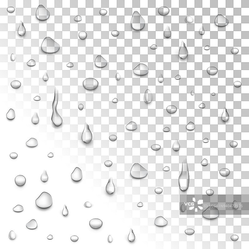 水雨滴或蒸汽淋浴孤立在透明的背景。图片素材