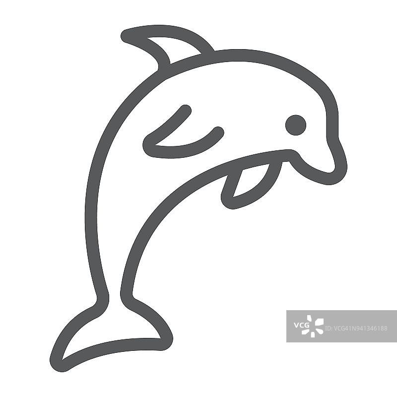 海豚线图标，动物和水下，水生符号矢量图形，白色背景上的线性图案，eps 10。图片素材