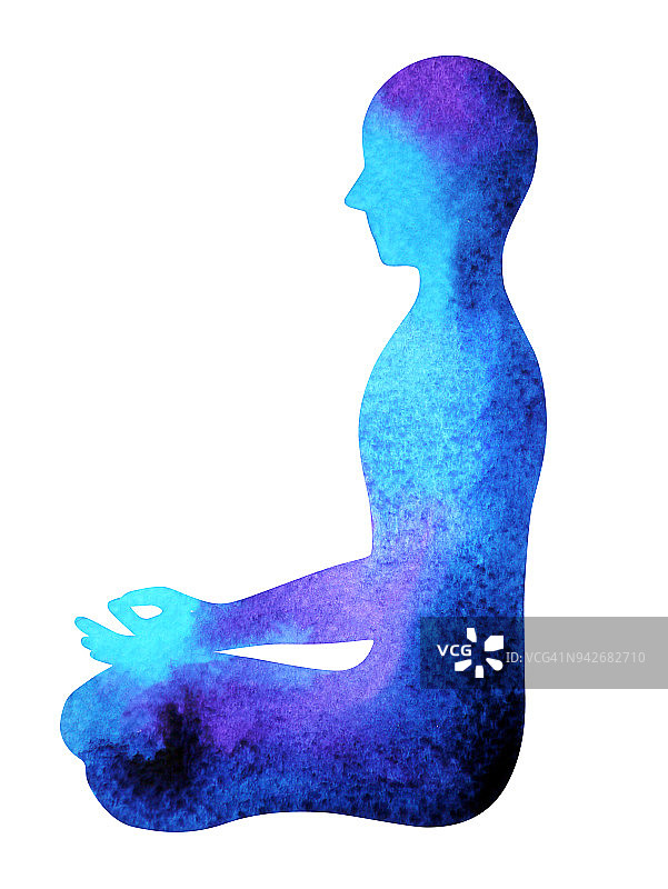 蓝色脉轮人体莲花姿势瑜伽，抽象世界，你心中的宇宙心理，水彩画插图设计手绘，剪切路径图片素材