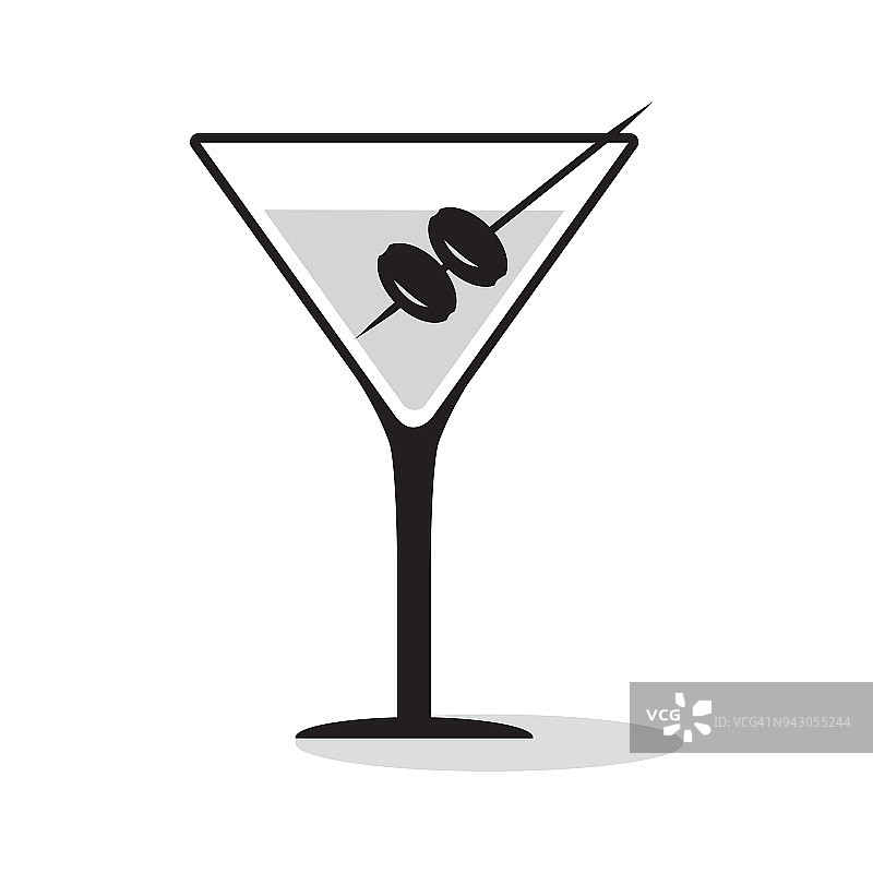 一杯加橄榄的马提尼。黑色和灰色图标饮料与阴影。矢量图图片素材