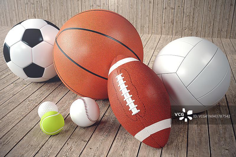 3d渲染运动球的木制背景。一套运动球。运动器材如足球、篮球、棒球、网球、高尔夫球等，供团队和个人娱乐和增进健康。图片素材