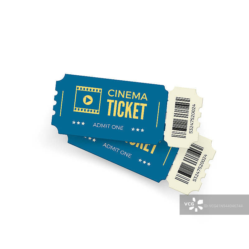 电影票。蓝色的电影票孤立在白色的背景上。逼真的电影票模板。矢量图图片素材