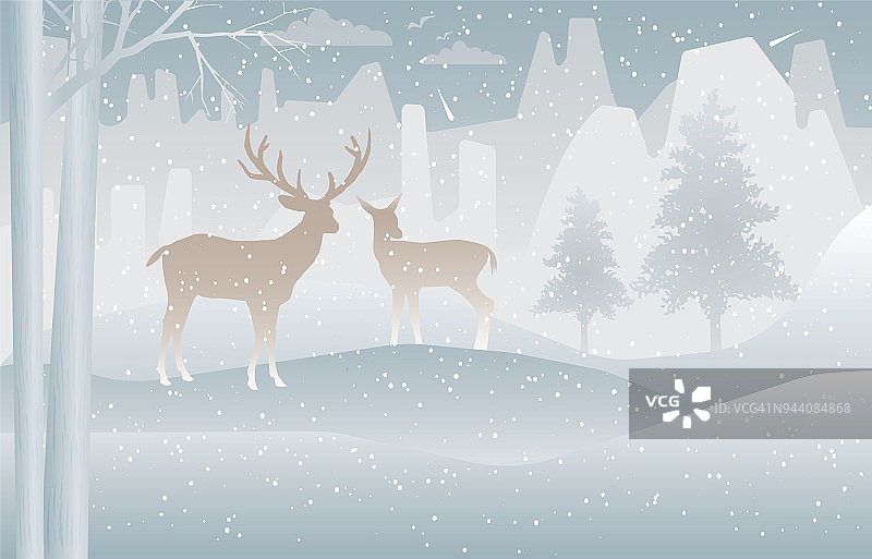 两只鹿在森林里与冬天的雪，概念圣诞快乐图片素材