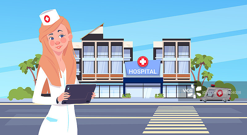 女医生站在现代医院建筑外部背景医疗诊所概念图片素材