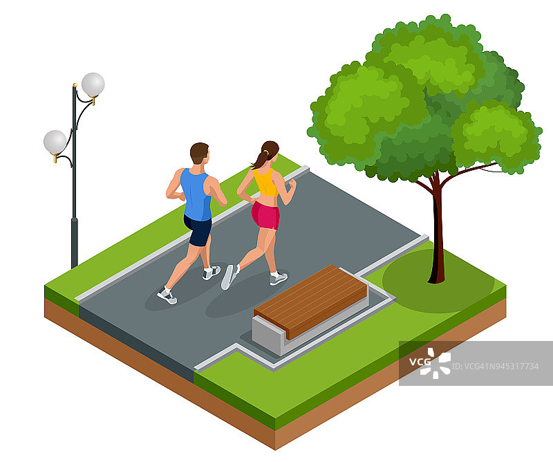 年轻男女在城市公园跑步。运动员在城市地区训练，健康的生活方式和运动理念。图片素材