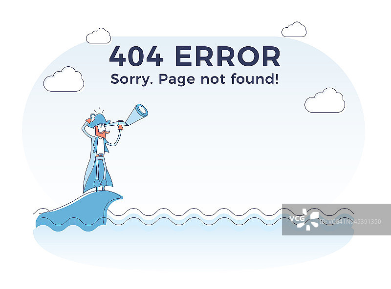 平面线概念页未找到404错误。矢量插图背景与海盗航行在海上与他的望远镜。图片素材