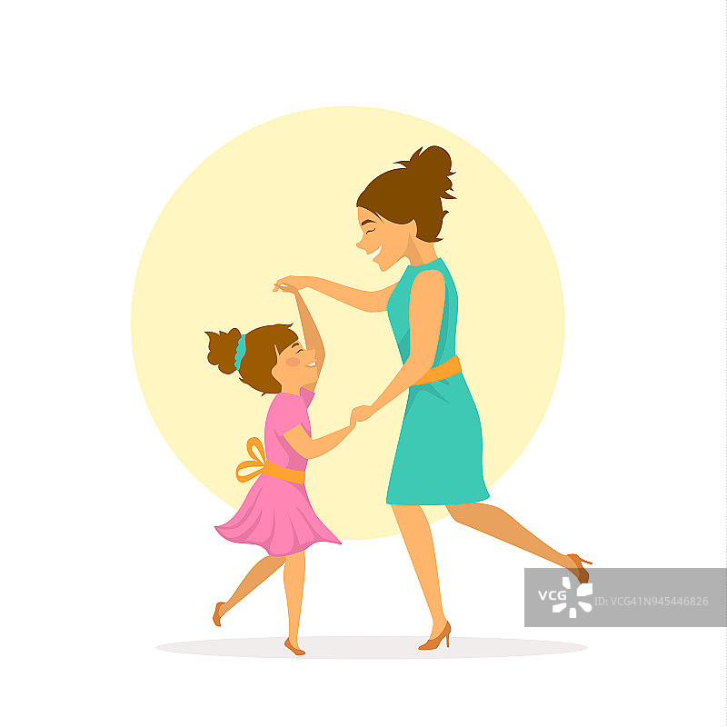 母亲和女儿，女人和她的孩子一起跳舞玩，母亲节孤立卡通可爱的矢量插图场景图片素材