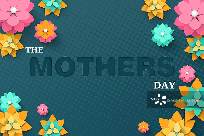 祝您母亲节快乐。剪纸风格的盛开的花，叶和抽象的形状在蓝色的背景。矢量插图。图片素材